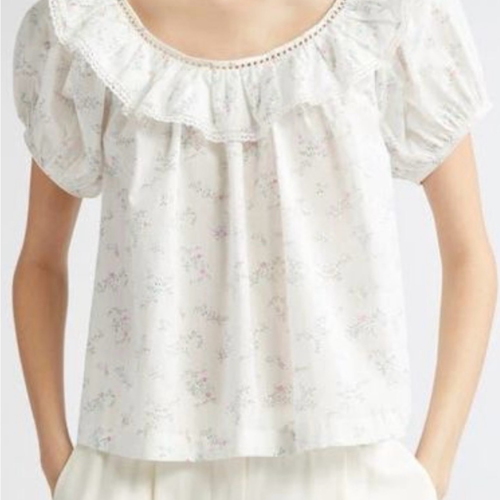 Doen Silvie Top White Organic Cotton Floral Ruffle Blouse Sz XS